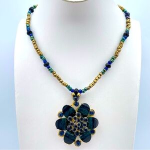 Blue & Green Beaded Statement Necklace with Gold Flower Pendant 16” Long